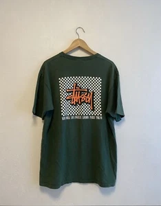 Stussy World Tour Big Box Logo Tee Men’s Green T-Shirt Size Large Y2K - Picture 1 of 10