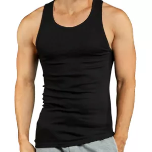 9 Men Black Gym Sleeveless Ribbed Tank Top A Shirt Undershirt Muscle 100% Cotton - Picture 1 of 1