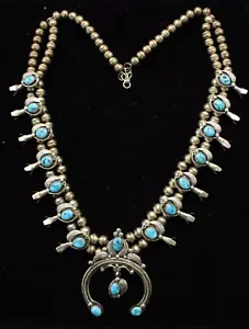 Vtg Navajo Turquoise Sterling Silver Squash Blossom Necklace 22'' Signed C Haley - Picture 1 of 10