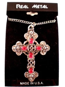 Collar Cruz Gótica Piedra Roja Sangre Vamp (Rubíes Falsos) Metal Real NK-379-R - Imagen 1 de 1