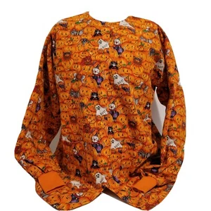 PUMPKIN Explosion HALLOWEEN Nurse Aide Scrub Jacket Metal Snaps Pockets SMALL - Picture 1 of 11