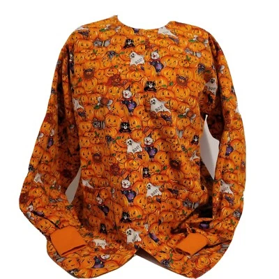 PUMPKIN Explosion HALLOWEEN Nurse Aide Scrub Jacket Metal Snaps Pockets SMALL - Image 1 of 4