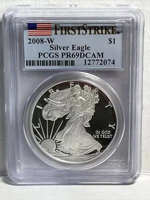 2008 W PROOF SILVER EAGLE  PCGS  PR69 DCAM FLAG FIRST STRIKE LABEL Graded Coin - Image 1 of 2