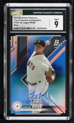 2019 Bowman Platinum Wal-Mart Top Prospects Blue Foil Logan Webb CGC 9 Mint Auto - Image 1 of 2