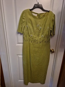 Maggy London Vintage Leinen Perlen grün Rückenschlitz Kleid Gr. 12 Schulterpolster Momcore - Bild 1 von 10