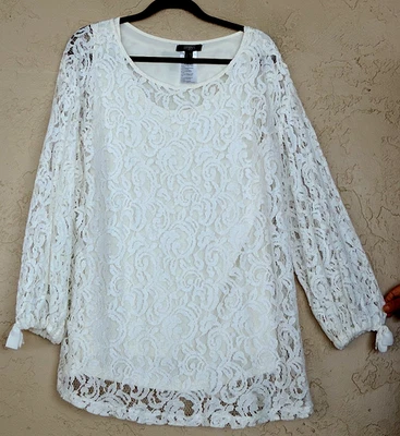 Blusa túnica Dennis Basso talla 20W marfil encaje con manga globo sin mangas elástica Foto 1 de 4
