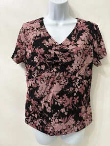 Women’s Size Large Rena Rowan Top Pink Black Floral Stretch APPEARS RUNS SMALL - Picture 1 of 13