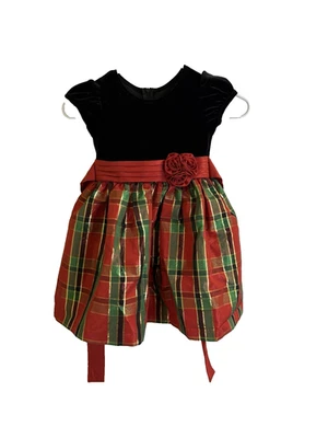 Bonnie Jean Girls Black Velvet Bodice Red Plaid Taffeta Dress Sz 4 Christmas - Image 1 of 4