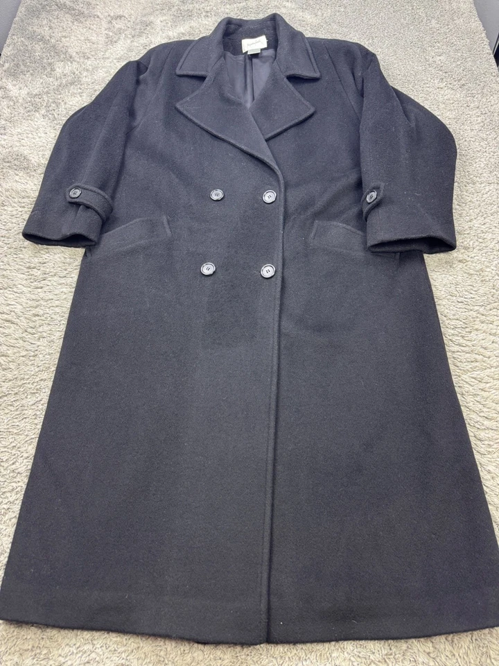 Jacqueline Ferrar Trench Coat Women 14 Black Wool Double Breasted Old Money Vtg - Image 1 of 4