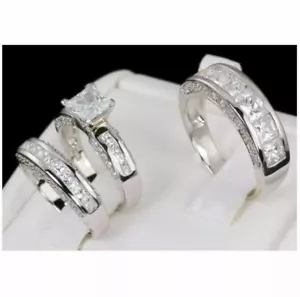 His & Hers 3 Ct Simulated Diamond 14k White Gold Plated Wedding Band Set Ring - Picture 1 of 5
