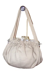 40s Purse Lucite & Linen Pouch Bag WWII War Years Cream Double Handle Vintage - Picture 1 of 17