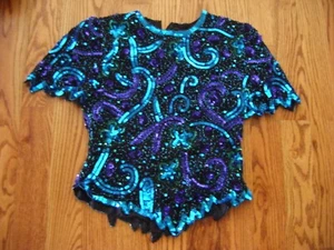 Vintage 80s Sparkle Blue Purple Sequin Beads Top-Bust 34/XS - Picture 1 of 7