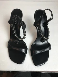 METAPHOR WOMEN'S STILETTOS SONJA BLACK ANKLE RHINESTONE 4”HEELED 9M SANDALS EUC - Picture 1 of 13