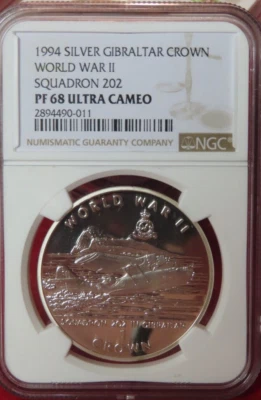1994 Gibraltar World War  II Fighter Squadron 202 Plane Silver Crown NGC PF69 - Image 1 of 4