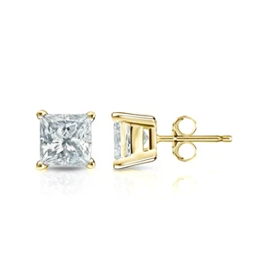 Studs Earring 18k Yellow Gold Lab Grown Princess 2.00 Ct IGI Certified Diamond - Picture 1 of 12