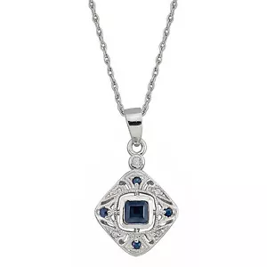 10k White Gold Vintage Style Sapphire and Diamond Pendant Necklace - Picture 1 of 6