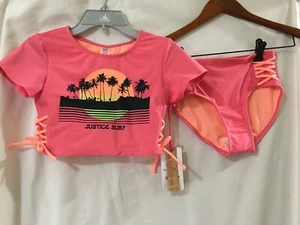 NWT Justice Girl Rash Guard SET 2 pc Pink Palm Surf Swimsuit UPF 50+ many sizes - Picture 1 of 4