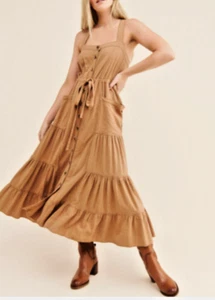 NWT FREE PEOPLE Catch the Breeze Button Down Strap Pocket Utility Dress L Amber - Picture 1 of 4