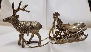 Vintage Brass Reindeer With Sleigh - Picture 1 of 8