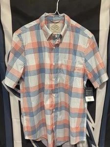St. Johns Bay Mens Plaid Short Sleeve Shirt Orange Blue White Button Up Medium - Picture 1 of 3