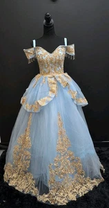 Women's Off Shoulder Gold Lace Applique Quinceanera Ball Gown Size 0 Light Blue - Picture 1 of 13