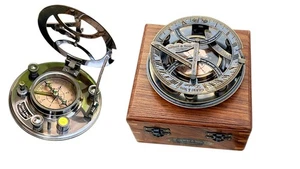 Antique Nautical Brass 5" Gilbert & Sons Sundial Compass with Wooden Box - Bild 1 von 4