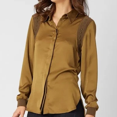 Adrienne Landau Quartz Womens Size 6 Button Down Beaded Blouse Ribbed Detail NEW - Image 1 of 4