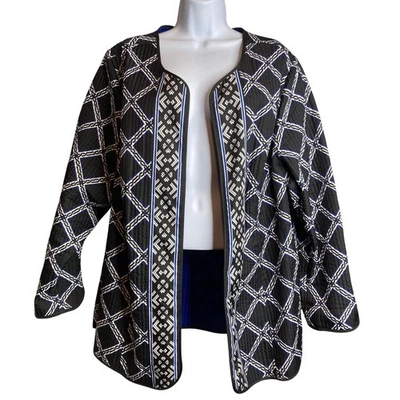 Catherines Womens Quilted Black Jacket Sz 2X Reversible Geometric Open Front - Image 1 of 4