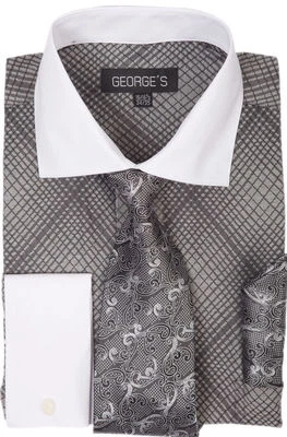 Camisa de vestir para hombre mini diseño a cuadros/a cuadros puño francés con corbata y pañuelo AH-624 Foto 1 de 4