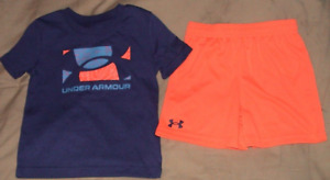 UNDER ARMOUR SHORT SLEEVED BLUE & ORANGE SHORTS OUTFIT-SIZE 12 MONTHS-NEW