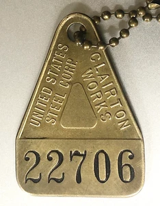 Vintage US STEEL CORP Time Check etichetta ottone: CLAIRTON WORKS; Pittsburgh Area Coca-Cola Mfg - Foto 1 di 2