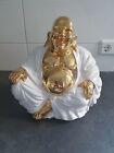 Dicker Grinsender Keramik Buddah Ca. 30 Cm Hoch Wei Gold Buddahfigur Sitzend 