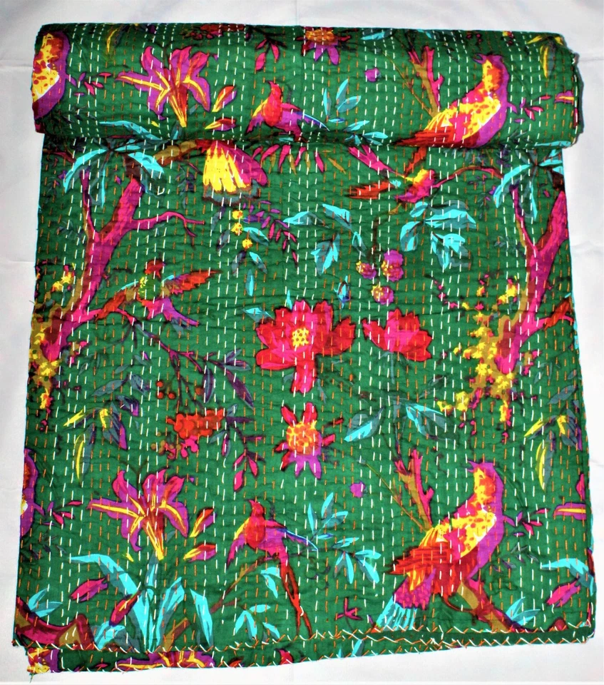 Indian Handmade Cotton Bird Print Kantha Quilt Throw Reversible Blanket - Image 1 of 1