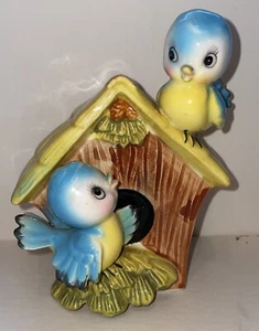 VINTAGE NORCREST BLUE BIRDS ON A BIRDHOUSE PIGGY BANK WITH STOPPER - Picture 1 of 8