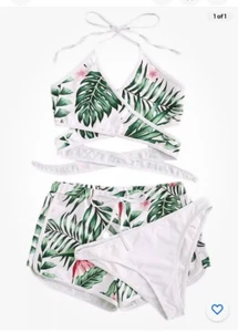 SweatyRocks Womens Three Piece Swimsuit Leaf Print Wrap Halter Top Shorts Size L - Picture 1 of 11