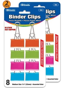 2 Pack - Medium 1 1/4" (32mm) Assorted Color Binder Clip 8/Pack Tackle any Task - Picture 1 of 1