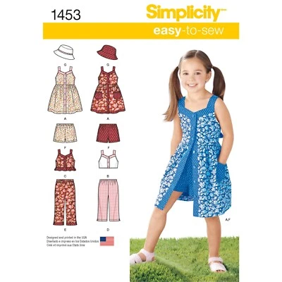 SIMPLICITY 1453 CHILDS' DRESS TOP TROUSERS SHORTS HAT Sewing Pattern Sizes 3 - 8 - Image 1 of 4