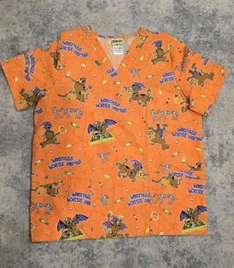 Halloween Scrub Top womens size M Medium Scooby-Doo Haunted House Party! orange - Picture 1 of 4