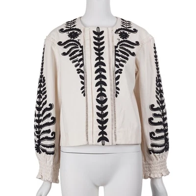 Chaqueta TORY BURCH Filippa 2 Marfil Algodón Bordado Cuentas Abotonada Recortada Foto 1 de 4