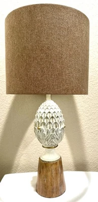 Kirkland's Home Table Lamp Off White w/Gold Accents Taupe Shade Acorn Shape - Image 1 of 2