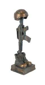 Antique Bronze Finish Battle Cross Fallen Soldier Helmet Boots and Rifle Statue - Picture 1 of 3