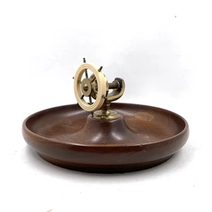 Vintage Nautical Brass Ship Wheel Nut Cracker On Wooden Bowl Bakelite Rare - Picture 1 of 13