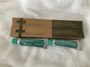 ERNEST SUPPLIES Charcoal Bristle Bamboo Toothbrush & MARVIS Mint Toothpaste LOT4 - Picture 1 of 5