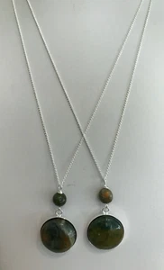 Ocean Jasper Round Cabochon in 925 Silver Bezel on 19" Sterling Silver Chain - Picture 1 of 6