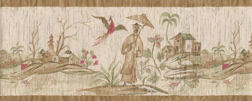 Papel Pintado Borde Asiático Oriental Escénico Inodoro Tostado Beige Verde Rojo Foto 1 de 1
