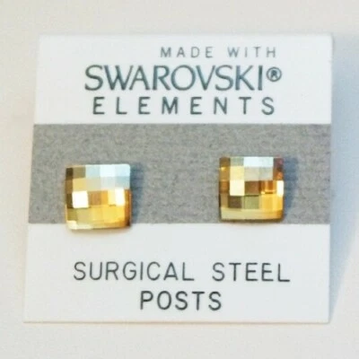 Peach Orange Square Stud Earrings 8mm Crystal Made with Swarovski Elements Gift - Image 1 of 2