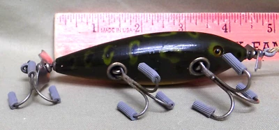 Rare Shur Strike 3 3/4" Injured Minnow, GE, 3 Hook, Frog Color, C. 1938 - Image 1 of 4