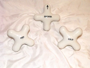 RARE LOT ANTIQUE TUB ENAMELED CROSS HANDLES DIVERTER, HOT, COLD - Picture 1 of 4