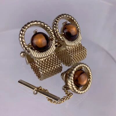Brown Lucite Cufflinks & Tie Pin Gold Tone Chain Wrap Acrylic Mid Century VTG K1 - Image 1 of 4
