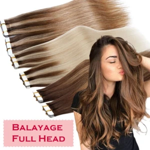 Invisible Tape In Human Hair Extensions Skin Weft Full Head Thick 100% Remy Hair - Picture 1 of 41